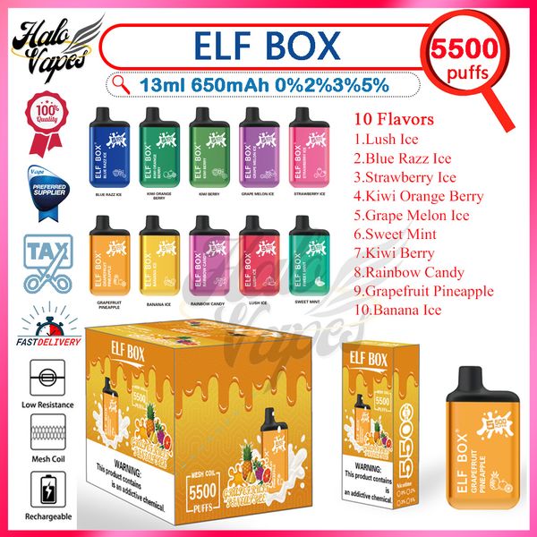 Boîte d'origine Elf 5500 Puff Stylo Vape jetable 0% 2% 3% 5% Niveau 12 ml Pod pré-rempli 650 mAh Batterie rechargeable 10 couleurs E Cigarette Puffs 5k