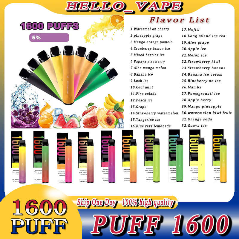 XXL 1600 Puffs Bar Disponível Vape Pen E Cigarette com 5% de força Vapores pré-cheios e cigarros eletrônicos kits de partida portáteis
