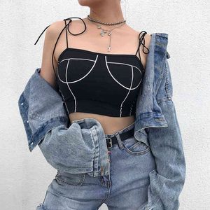 E-Girl Casual Black Harajuku Cami Top White Stripe Sin mangas Sin espalda Mujer Spaghetti Strap S Tees Tie Up Fashion Crop 210517