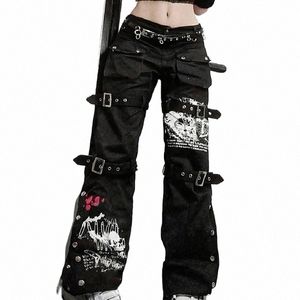 E-girl Gothic Black Cargo Pantalon Capri Femmes Taille Basse Jeans Lg Pantalon Y2K Grunge Vintage Hip Hop Punk Harajuku Streetwear L27Z #