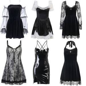 E girl Grunge gótico negro Mini vestido de encaje de cintura alta ceñido al cuerpo Y2K mujeres 90s Vintage Punk Harajuku Lolita ropa 220521