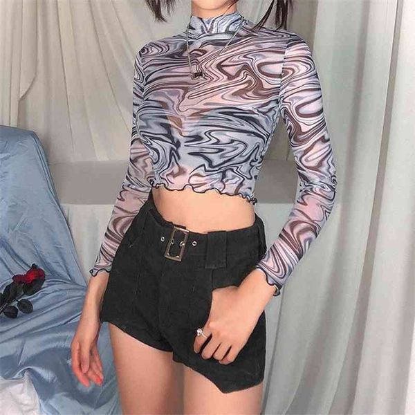 E Girl Imprimer Manches longues Crop Tops T-shirt Transparents Volants Hems Mesh Turtleneck Tshirt Y2K Esthétique Streetwear 210623