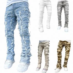 E15E Hommes Stacked Jeans Fit Ripped Jeans Destroyed Straight Denims Pantalon Vintage Hip Hop Pantalon Streetwear R6nL #