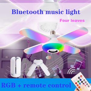 E27 LED Gadget Ampoule RVB quatre feuilles Bluetooth musique lumière 50W Avec télécommande Ampoules pliables bluetooth haut-parleur intelligent ventilateur lumières