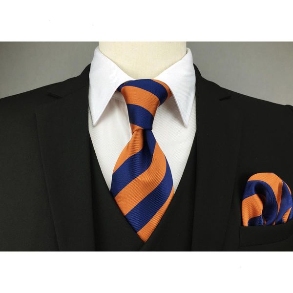 E27 bleu marine Orange rayé soie hommes cravate ensemble robe de mariée cravates pour homme marque classique Hanky Extra Long