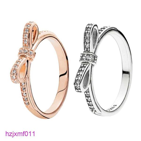 E4H4 Anillos de banda Anillo Diseñador Mujeres Pandorara Calidad original 925 Plata esterlina Sparkling Bow Set Box para boda de grano CZ Diamond Bowknot 18k Ros