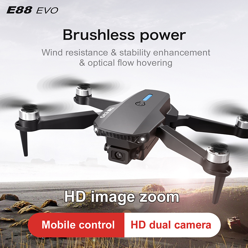 E88 EVO Droni HD Doppia Fotocamera Brushless Power UAV Flusso Ottico Hover A Lungo Raggio RC Quadcopter Mini Drone Pieghevole Per I Bambini E88