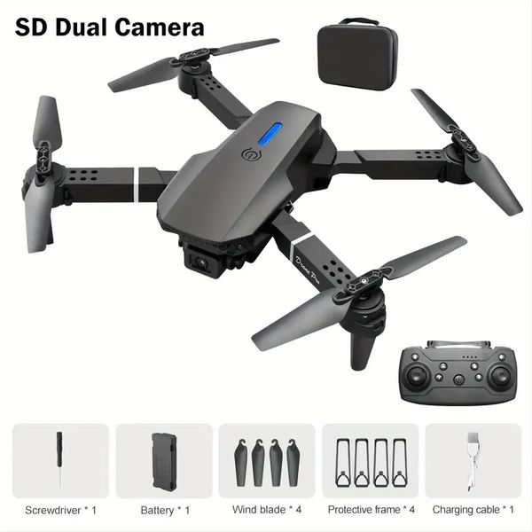 Dron cuadricóptero RC E88: cámara dual y retención de altitud, arranque con una sola tecla, luces LED, material ABS duradero, dron asequible, ideal para regalos de Navidad/cumpleaños