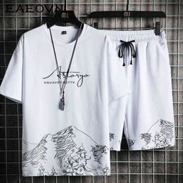 Eaeovni Heren T-shirt + Shorts Set Zomer Ademend Casual T-shirt Running Set 2021 Mode Harajuku Gedrukt Mannelijke Sportpak G1222