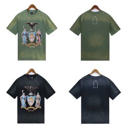Eagle bedrukt t-shirt waswater om oude katoenen platgebreid t-shirt geribbelde ronde nek te maken met logo op de borst en schouderval.