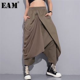 EAM Spring High Elastic Taille Black Fold Bandage Stitch Loose Long Cross Pants Women broek Fashion JF897 LJ200820