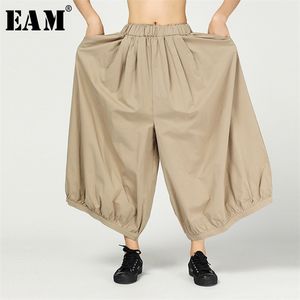 [EAM] 2020 nouveau printemps été taille haute élastique ample noir bref lin pantalon à jambes larges femmes pantalon mode marée LJ201029