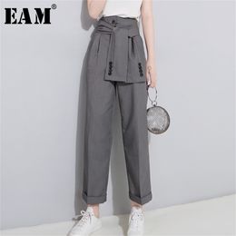 [EAM] 2020 Lente Hoge Taille Lace Up Zwart Slanke Temperament Tide Trend Mode Nieuwe Women's Wild Casual Wide Leg Broek LJ200813