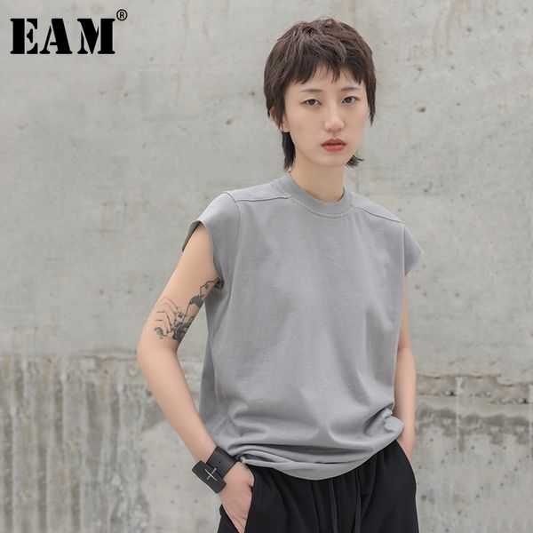 [EAM] 2021 nouveau printemps été col rond manches courtes loisirs gris bref Burr Split Joint ample T-shirt femmes mode marée JW524 210306