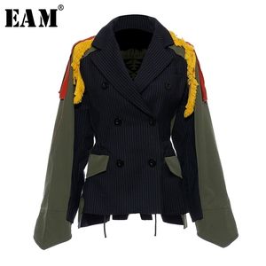 [Eam] Grande taille Striped Contraste Couleur Motif Imprimer Jacket Nouveau revêtement Ruban Loose Femme Femmes Coat Mode Spring Automne JZ521 201210
