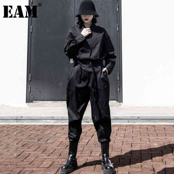 [EAM] noir décontracté ceintures coupe ample femmes combinaison taille haute poche point pantalon mode printemps automne 1DD8472 21512