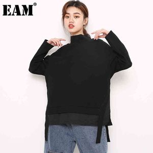 [EAM] noir irrégulier ruban épissé sweat col roulé à manches longues femmes grande taille mode printemps automne A124-01 21512