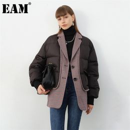 [EAM] Plaid noir grande taille épais coton rembourré manteau à manches longues coupe ample femmes Parkas mode nouveau automne hiver 2021 1DD0142 201212