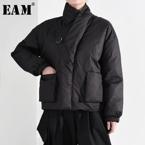 EAM noir poche grande taille court coton rembourré manteau à manches longues coupe ample femmes Parkas mode printemps automne A819 201027
