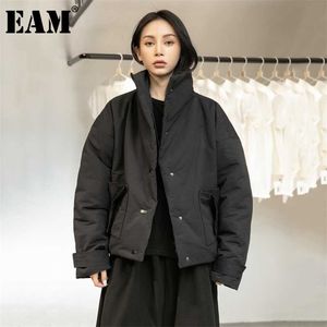 [EAM] Abrigo acolchado de algodón con cuello alto corto y cálido negro, Parkas holgadas de manga larga para mujer, moda Otoño Invierno 1DD1637 211018