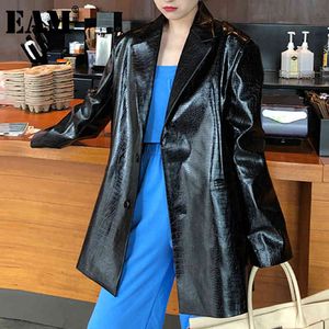 [EAM] Blakc PU cuir grande taille femmes Blazer revers manches longues coupe ample veste mode printemps automne 1DD6463 21512