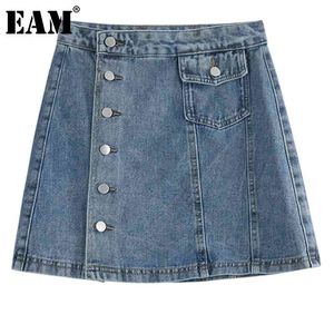 [EAM] bleu asymétrique poches boutons taille haute demi-corps au-dessus du genou Mini jupe femmes mode printemps été 1DD7918 21512