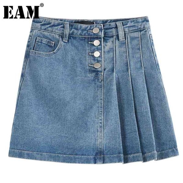 [EAM] Bleu Casual Asymétrique Plissé Taille Haute Denim Demi-corps Mini Jupe Femmes Mode Printemps Été 1DD8380 210512