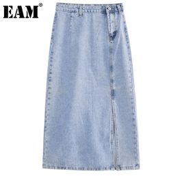 [EAM] bleu décontracté asymétrique fendu fourche taille haute demi-corps Denim mi-mollet jupe femmes mode printemps été 1DD7899 21512