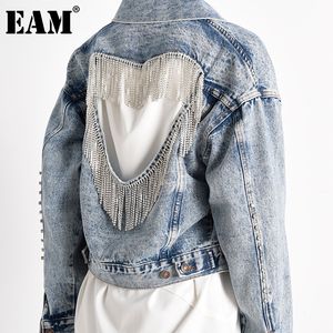 EAM Blue Short Rhinestones Hollow Out Denim Jacket Rapel Lange Mouw Women Coat Fashion Spring Herfst 1x90305 201029