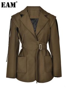 EAM – Blazer marron avec poche et ceinture pour femme, veste grande taille à revers, manches longues, coupe ample, mode printemps automne 2024, 1DF336616 240301