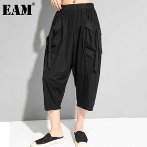 [EAM] décontracté grandes poches taille haute élastique sarouel nouveau mollet ample pantalon femmes mode marée été 2021 1DD7608 Q0801