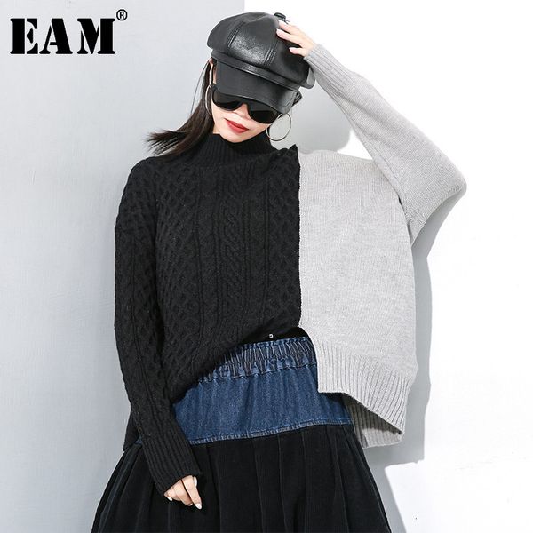 [EAM] contraste couleur grande taille tricot pull coupe ample col rond à manches longues femmes nouvelle mode printemps automne 1M028 201130