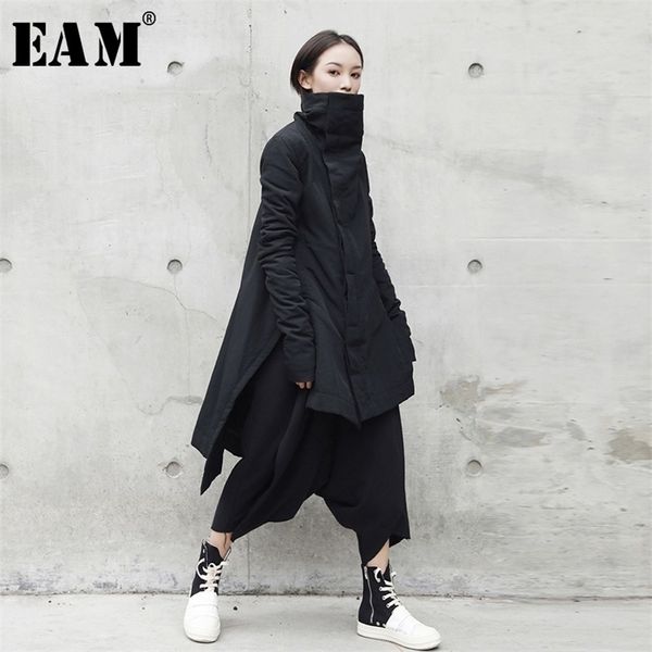 [EAM] Moda Soporte de invierno Lead Irregular Tipo largo de algodón Ropa acolchada Abrigo suelto Chaqueta negra sólida Mujer Ya771 210910