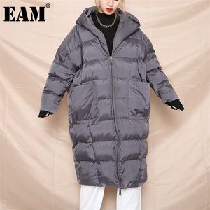 [EAM] gris surdimensionné à capuche longue coton-rembourré manteau manches coupe ample femmes Parkas mode automne hiver JD12102 211216