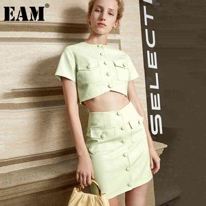 [EAM] Half-body rok short twee stukken pak stand kraag korte mouw groene losse vrouwen mode lente zomer 1DD8774 21512