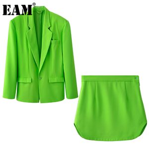 [EAM] Half-body rok twee stukken pak zakken revers lange mouwen groene losse vrouwen mode lente zomer 1DD850506 210512