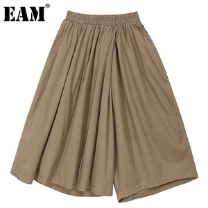 [EAM] taille haute élastique grande taille kaki plissé pantalons longs coupe ample mollet longueur pantalon femmes mode été 1DD6479 21512