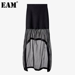 [EAM] Hoge Elastische Taille Zwart Gaas Onregelmatig Breien Half-Body Rok Dames Mode Lente Herfst 1DD6927 21512