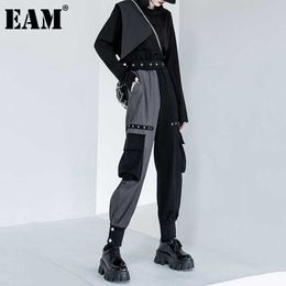 [EAM] Pantaloni Harem in vita elastica alta nero grigio contrasto di colore nuovi pantaloni larghi moda donna primavera autunno 2021 1DE1447 Q0801