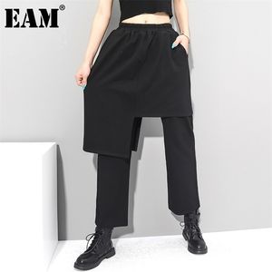 [EAM] taille haute élastique noir irrégulier long sarouel pantalon coupe ample femmes mode printemps automne 1DC430 211115