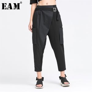 [EAM] Hoge Elastische Taille Zwart Onregelmatige Split Harem Broek Losse Fit Pant Fashion Lente Zomer 1Y487 210915