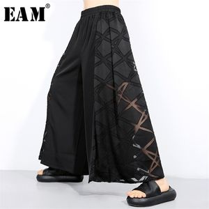 EAM taille haute élastique noir maille fendue longue jambe large pantalon nouveau pantalon coupe ample mode printemps été 1U937 T200606