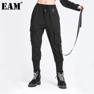 [EAM] Hoge elastische taille zwarte zak lint lange harembroek losse pasvorm broek vrouwen mode lente herfst 1DD6056 210512