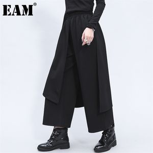 [EAM] taille haute élastique noir fendu Joint longue jambe large pantalon nouveau pantalon coupe ample femmes mode printemps automne 2020 LJ201029