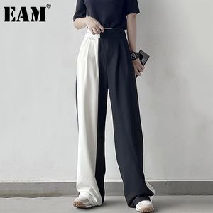 [EAM] Hoge elastische taille zwart wit splitsen casual broek losse pasvorm broek vrouwen mode lente zomer 1DD8329 210512