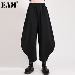 [EAM] taille haute élastique noir jambe large cheville longueur pantalon coupe ample pantalon femmes mode printemps été 1DD7508 21512