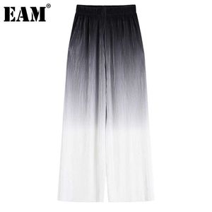 [EAM] taille haute élastique couleur progressive plissé pantalons longs nouveau pantalon coupe ample femmes mode marée printemps été 2021 1DE0723 Q0801