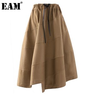 [EAM] Hoge Elastische Taille Khaki Trekkoord geplooid Asymmetrische Half-Body Rok Dames Mode Lente Herfst 1DD7454 210512