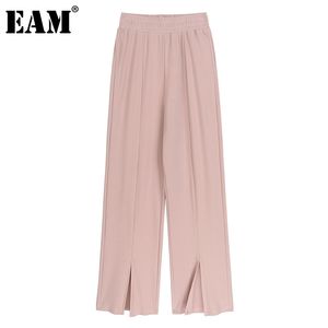 [EAM] Hoge elastische taille roze wijde been spleet casual broek losse pasvorm broek vrouwen mode lente herfst 1DD7822 210512