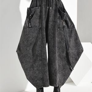 [EAM] taille haute élastique poche fendu longue Denim jambe large pantalon coupe ample pantalon mode printemps automne 1D 220325